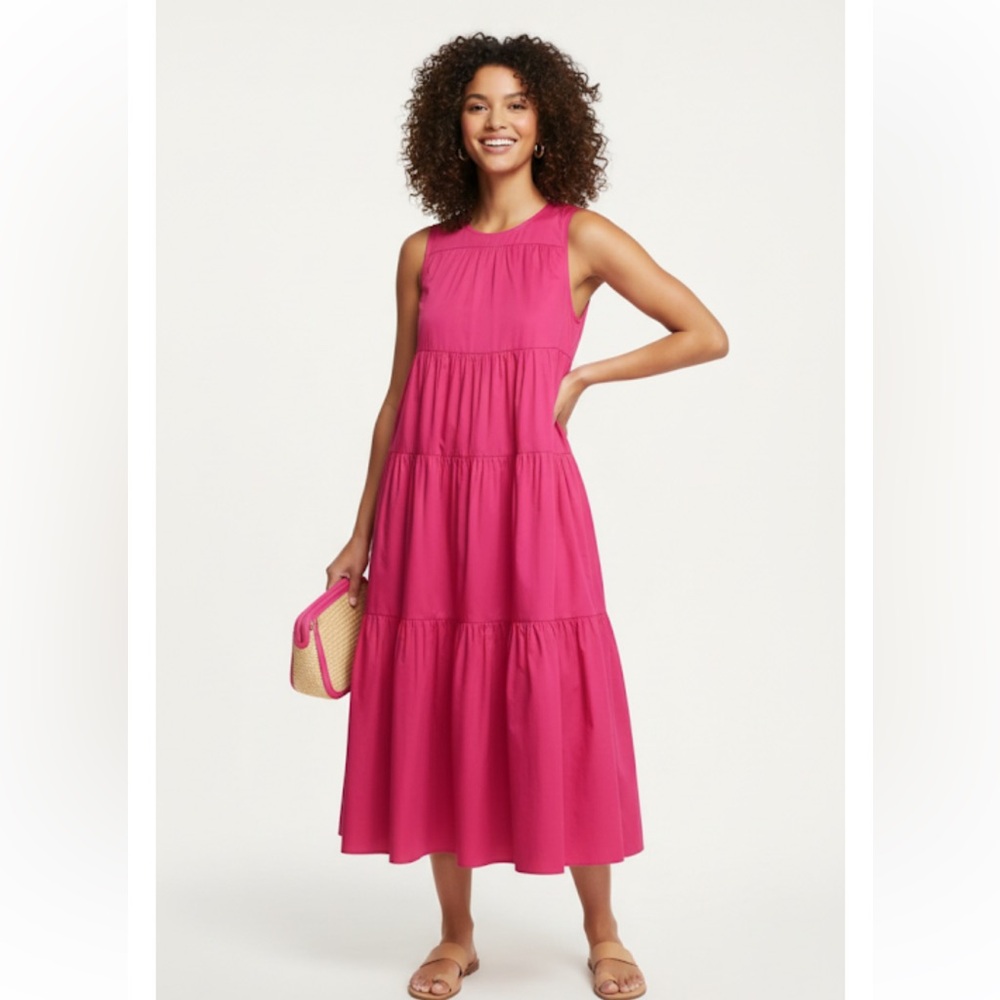 CO Collective $595 retail Bright Pink Cotton Tiered Sleevless Dress